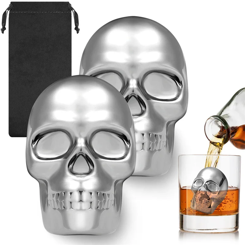 Wine Whiskey Beer - Reusable 2 Skeleton Head Whiskey Stone