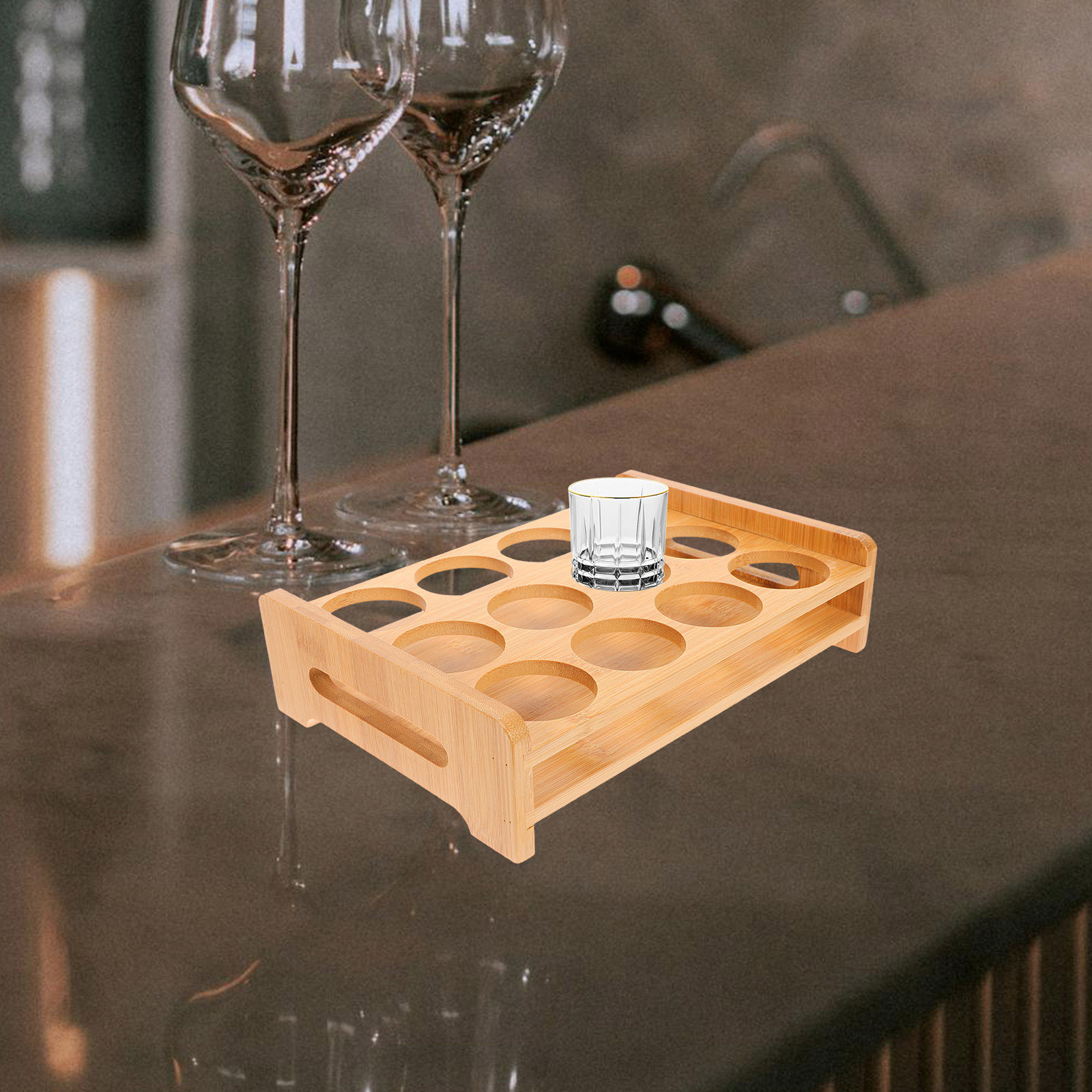 Wine Whiskey Beer - Bamboo Shot Glasses Holder Display Stand